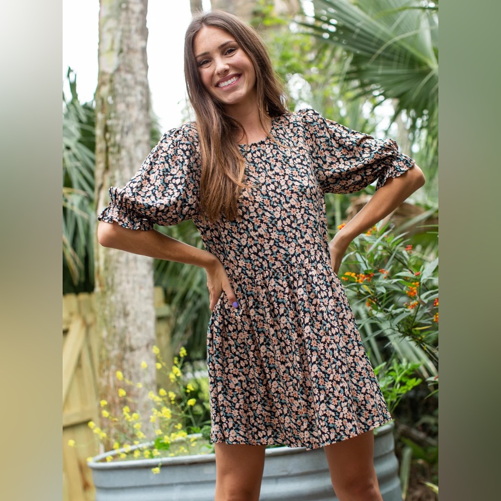 Natural Life Blaire Mini Floral Dress Autumn Blossoms Short Sleeve Size M Boho